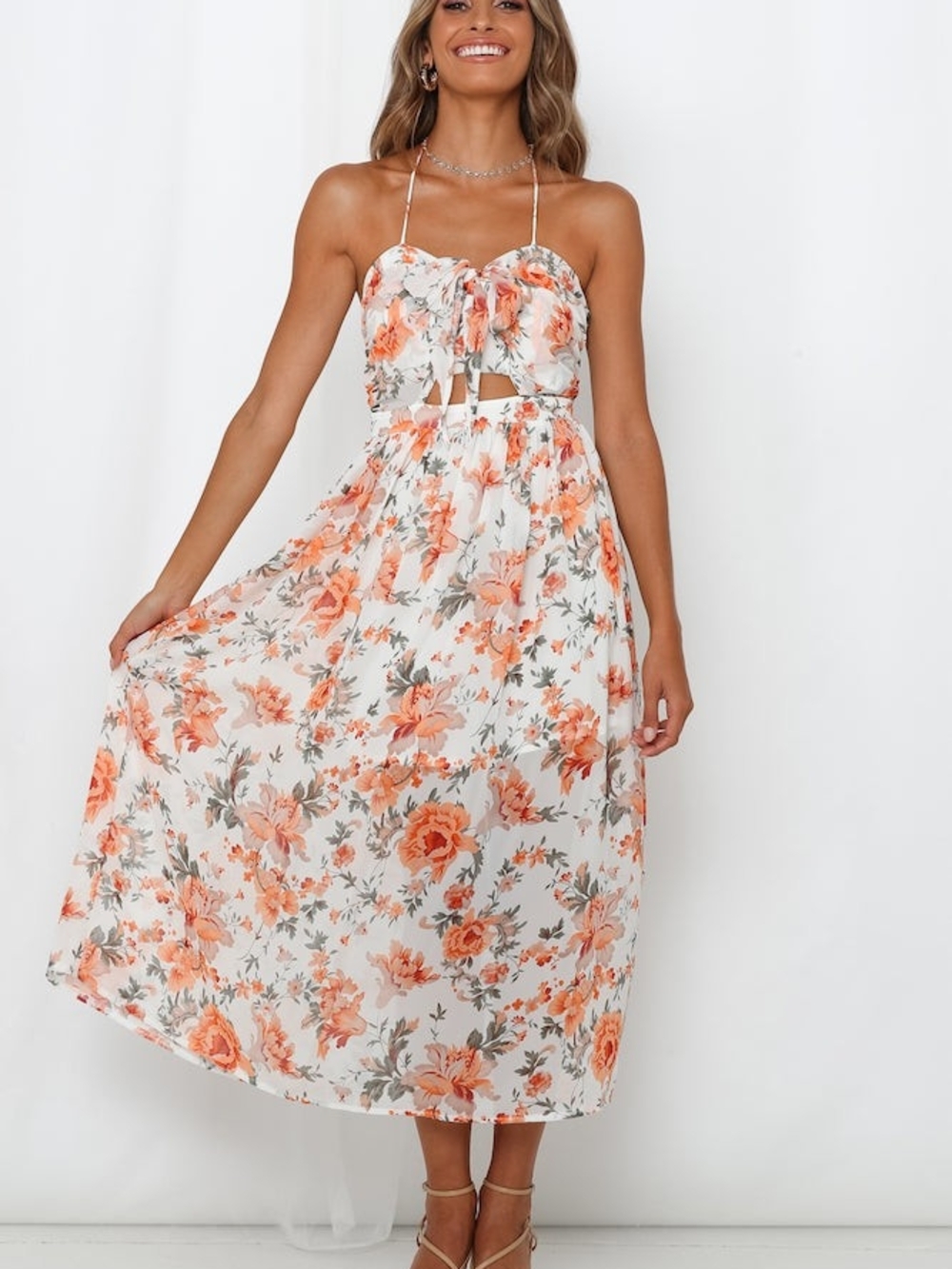 Hello Molly White & Peach Floral Midi Dress with Tie Bodice